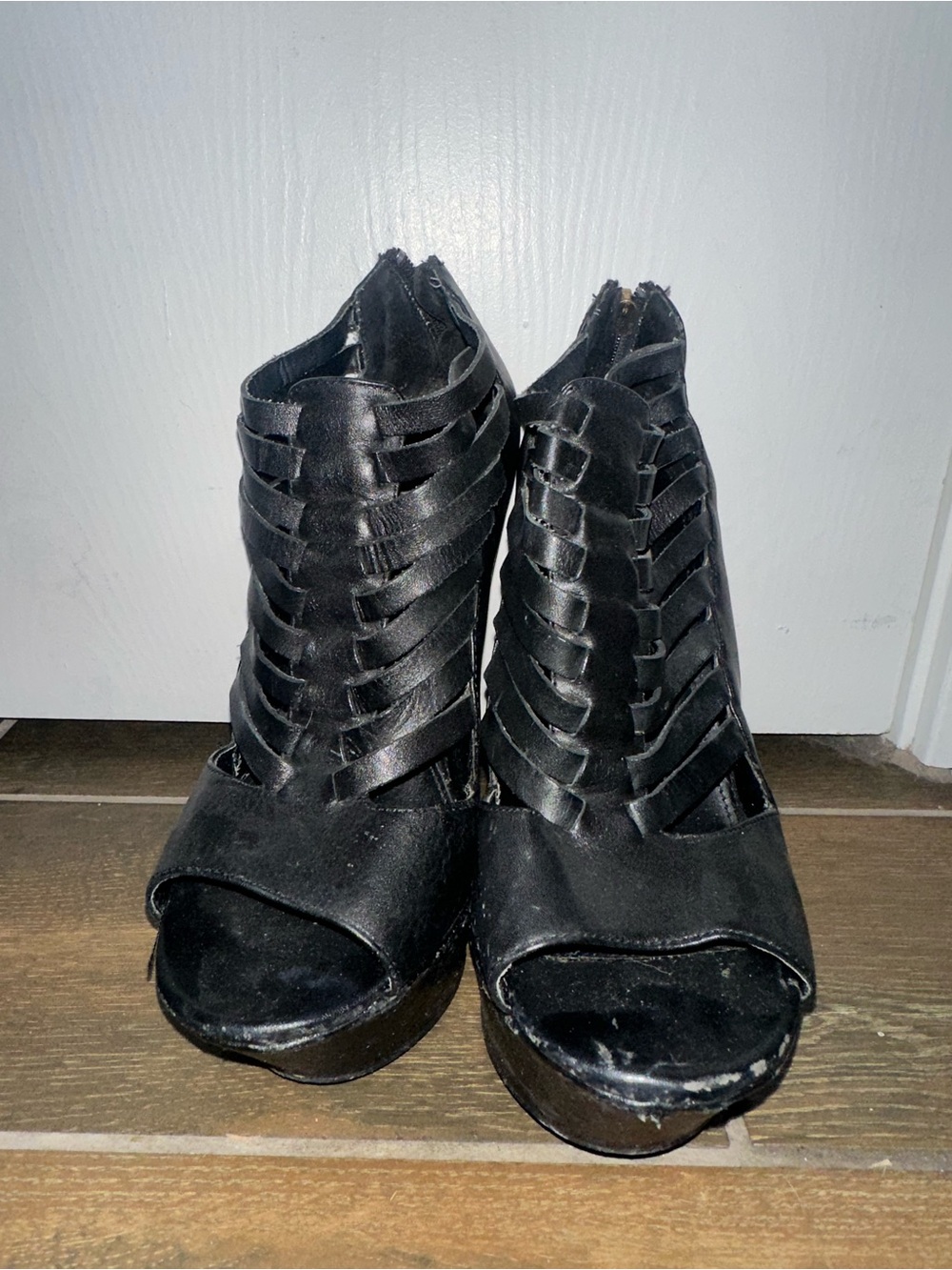 Steve Madden Black Strappy Peep-Toe Wedge Heels